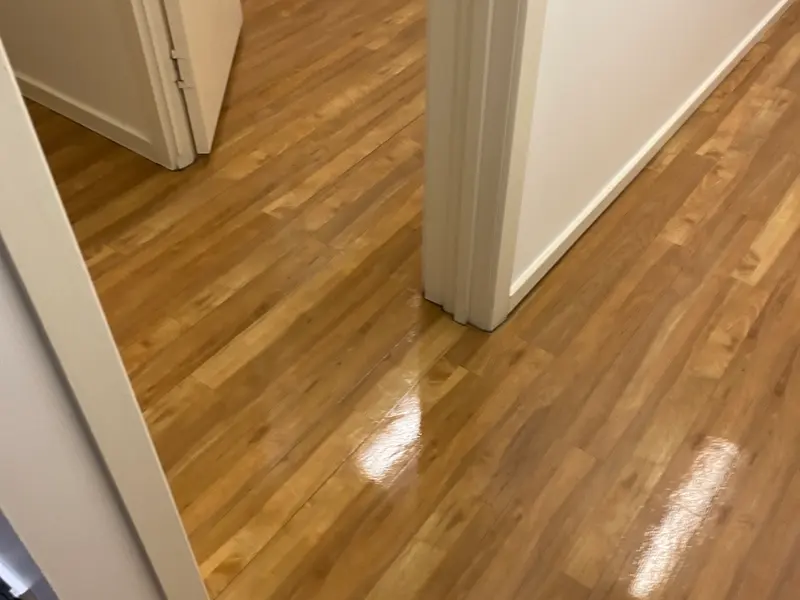 Clinic hallway vinyl plank glossy after buffing and polishing